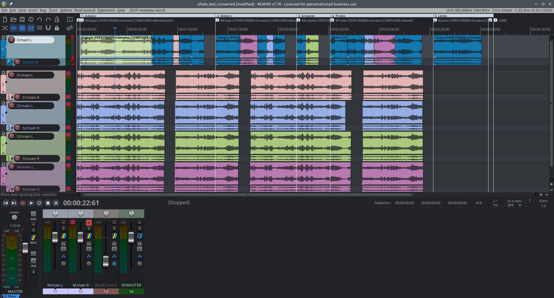 A ReaClassical project in REAPER: an album of five movements on the destination folder, above four folders of source takes, with the mixer below