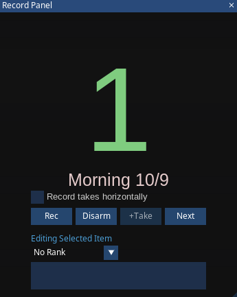 The ReaClassical Record Panel, showing the take number, session name and the Rec, Disarm, +Take and Next buttons